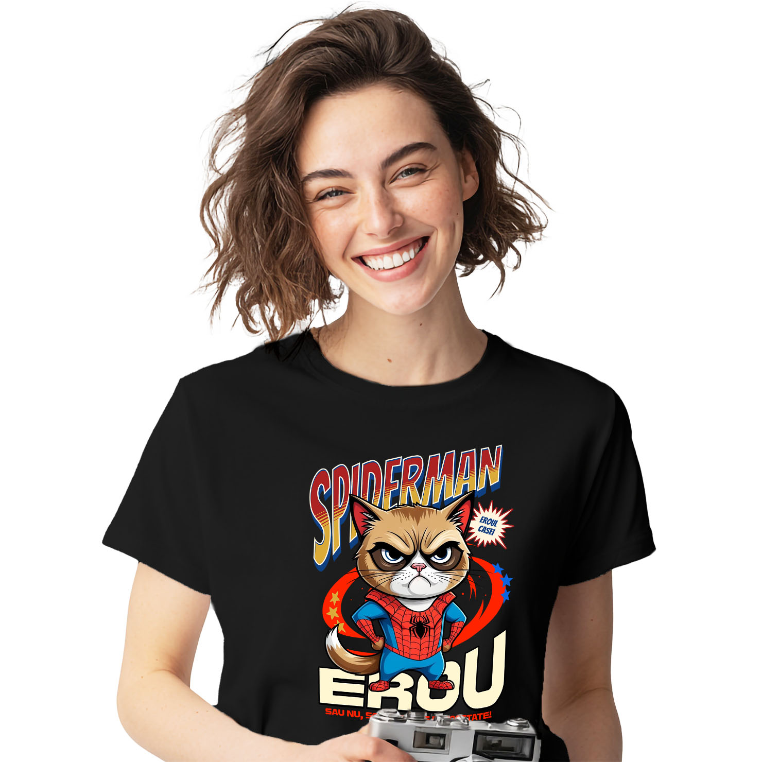 Tricou Femei, Barbati, Copii, Fata, Baiat, Unisex Personalizat Grumpy Cat în Costum Spider-Man cu Pelerină - Cadou Personalizat pentru Iubitorii de Pisici și Copii