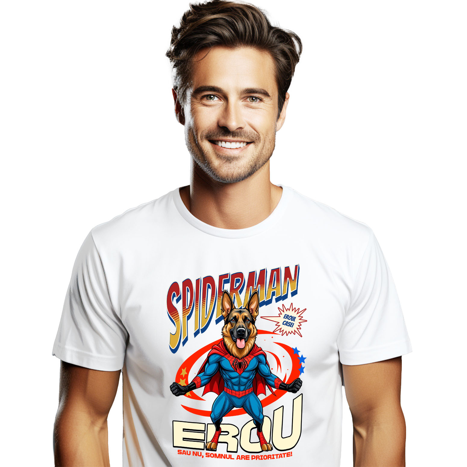Tricou Femei, Barbati, Copii, Fata, Baiat, Unisex Personalizat Ciobănesc German în Costum Spider-Man cu Pelerină - Cadou Personalizat pentru Iubitorii de Câini și Copii