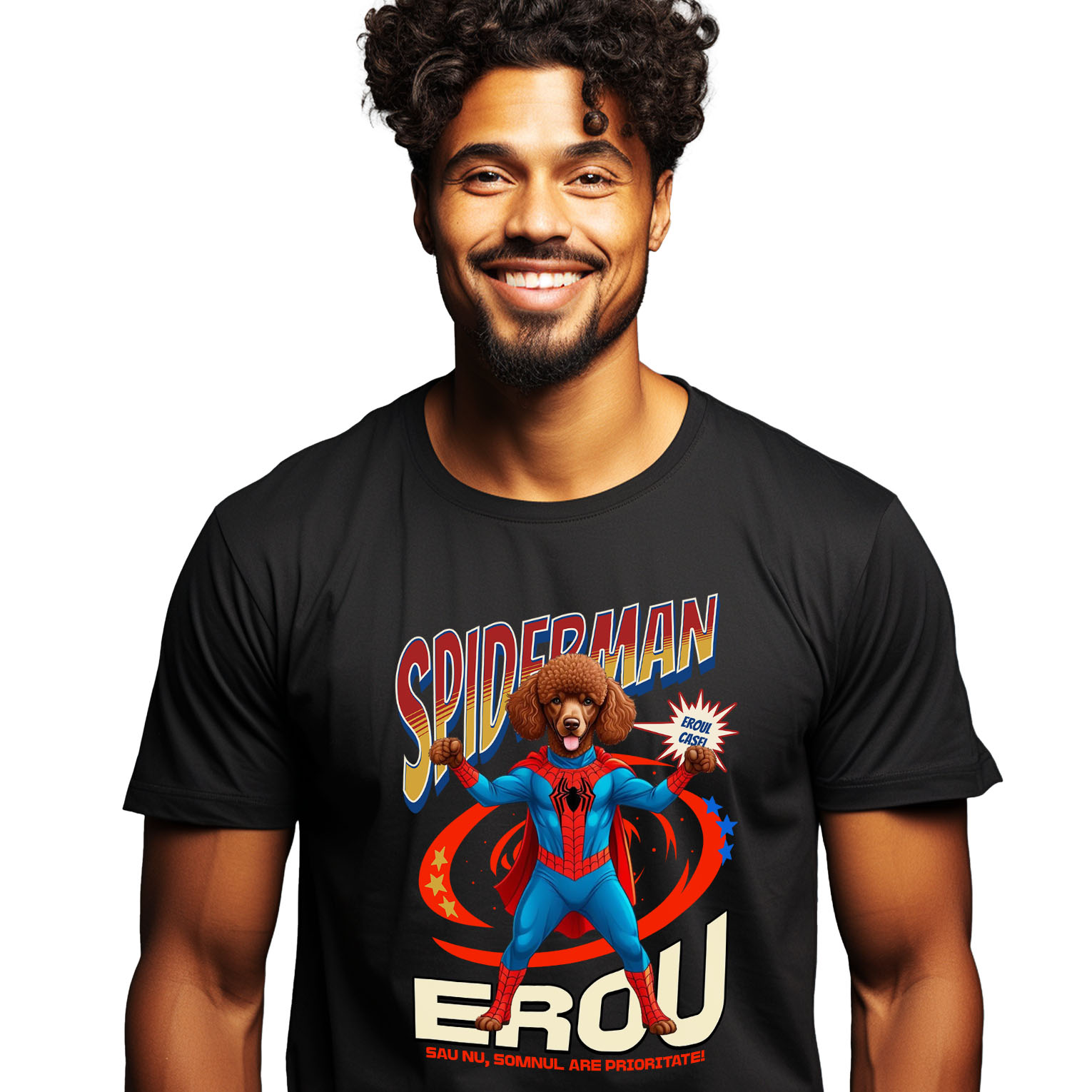 Tricou Femei, Barbati, Copii, Fata, Baiat, Unisex Personalizat Pudel în Costum Spider-Man cu Pelerină - Cadou Personalizat pentru Iubitorii de Câini și Copii