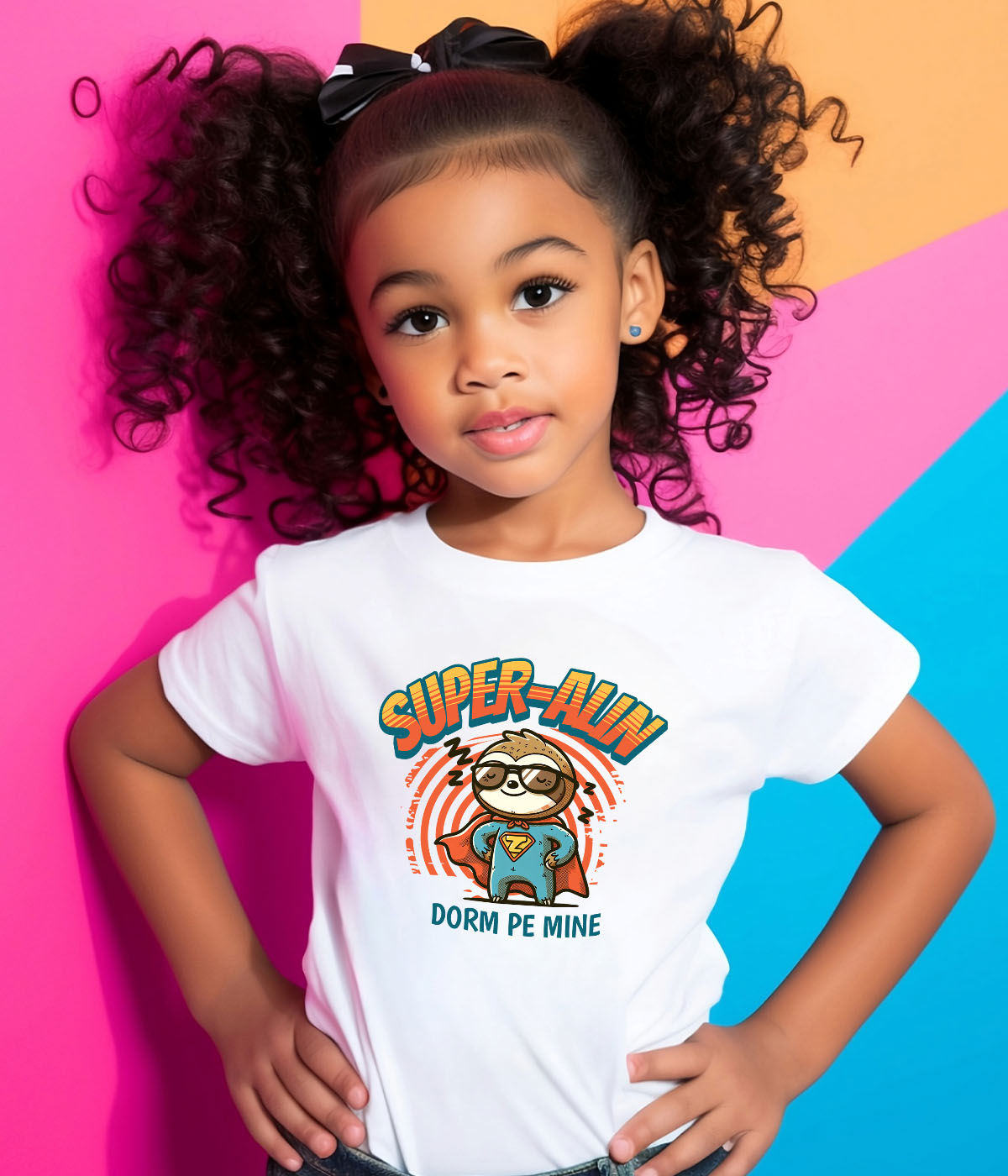 Tricou Femei, Barbati, Copii, Fata, Baiat, Unisex Personalizat Animal Lenes Cu Costum De Super Erou – Cadou Personalizat „Super-Alin Dorm Pe Mine” [3]