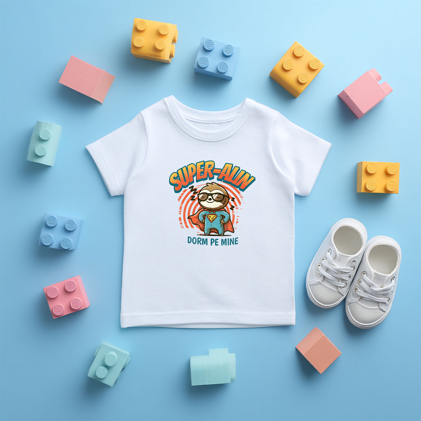 Tricou Femei, Barbati, Copii, Fata, Baiat, Unisex Personalizat Animal Lenes Cu Costum De Super Erou – Cadou Personalizat „Super-Alin Dorm Pe Mine” [4]