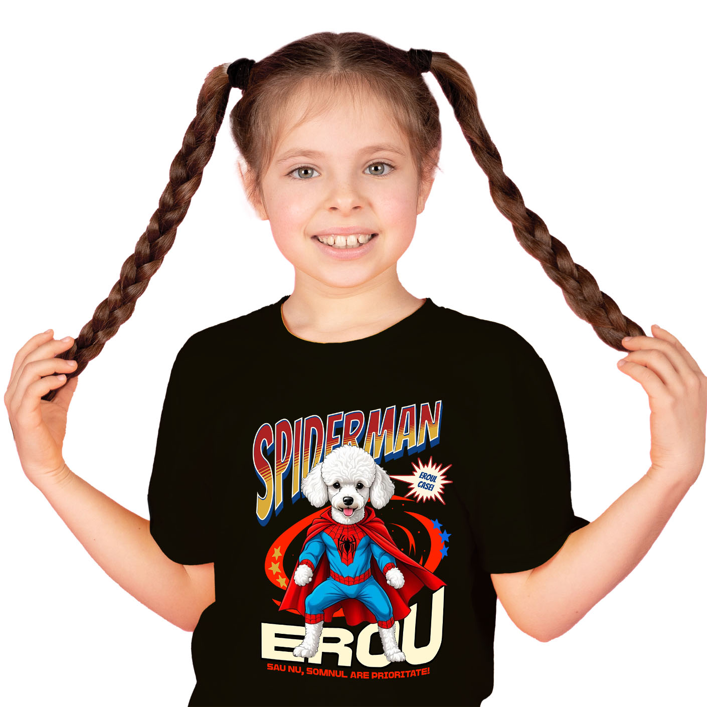 Tricou Femei, Barbati, Copii, Fata, Baiat, Unisex Personalizat Pudel în Costum Spider-Man cu Pelerină - Cadou Personalizat pentru Copii și Iubitorii de Câini