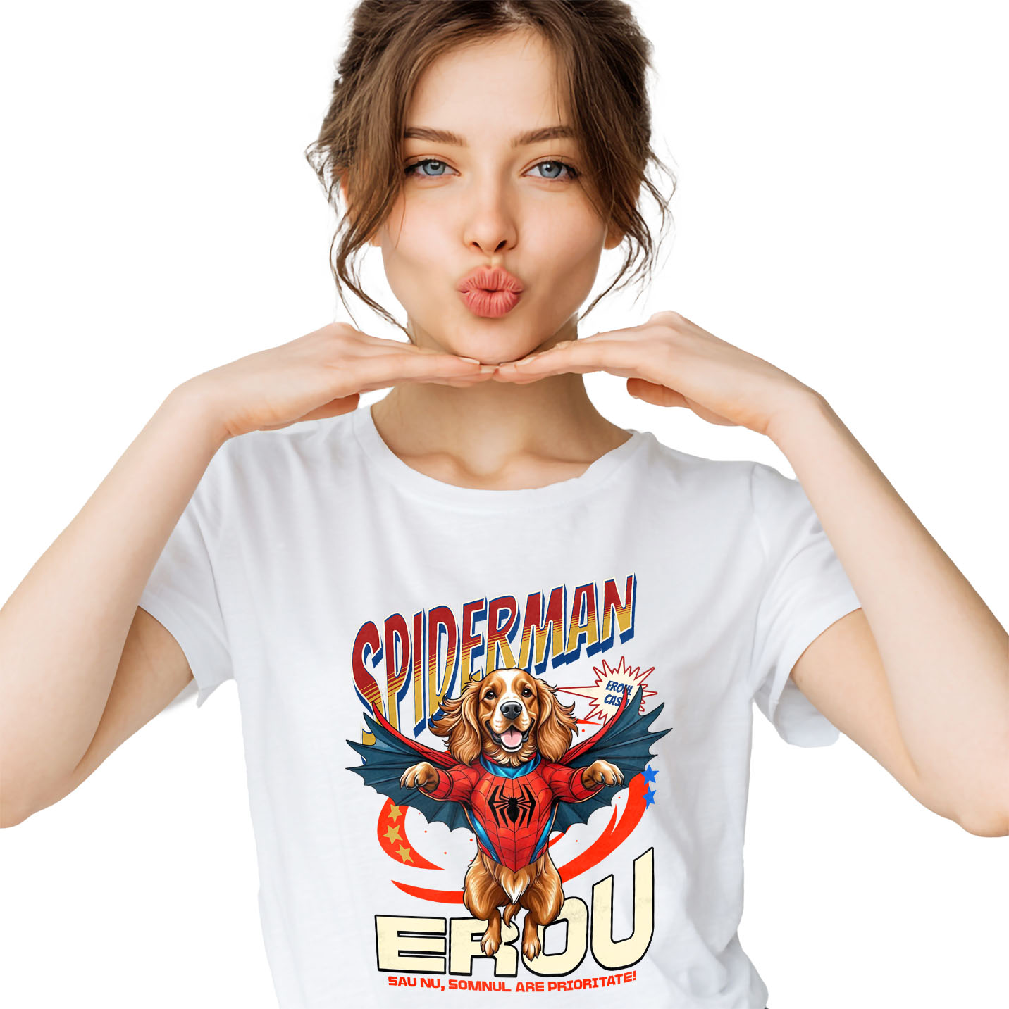 Tricou Femei, Barbati, Copii, Fata, Baiat, Unisex Personalizat Cocker Spaniel în Costum Spider-Man cu Pelerină - Cadou Personalizat pentru Copii și Iubitorii de Câini