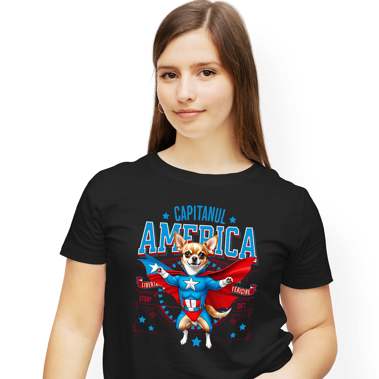 Tricou Femei, Barbati, Copii, Fata, Baiat, Unisex Personalizat Chihuahua în Costum Captain America cu Pelerină - Cadou Personalizat pentru Copii și Iubitorii de Câini