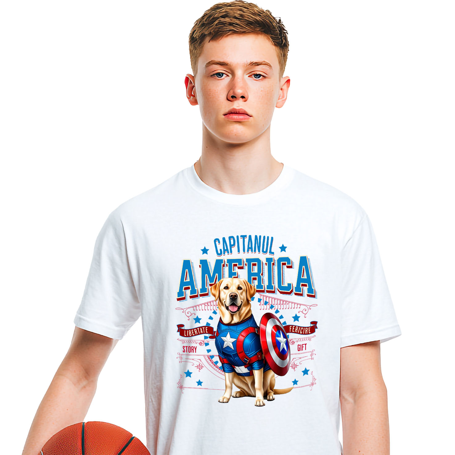 Tricou Femei, Barbati, Copii, Fata, Baiat, Unisex Personalizat Labrador în Costum Captain America cu Pelerină - Cadou Personalizat pentru Copii și Iubitorii de Câini