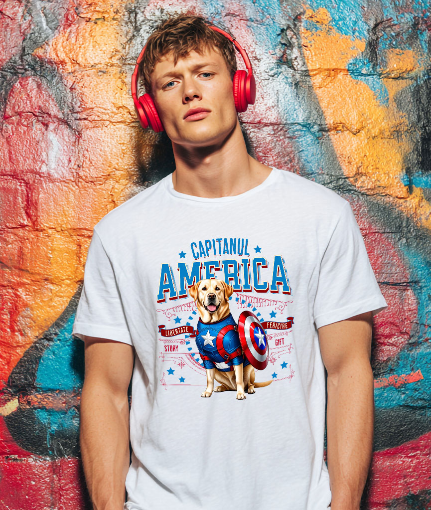 Tricou Femei, Barbati, Copii, Fata, Baiat, Unisex Personalizat Labrador în Costum Captain America cu Pelerină - Cadou Personalizat pentru Copii și Iubitorii de Câini [1]