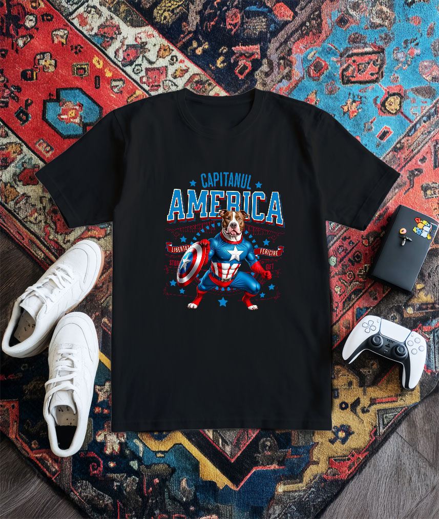 Tricou Femei, Barbati, Copii, Fata, Baiat, Unisex Personalizat Pitbull în Costum Captain America cu Pelerină - Cadou Personalizat pentru Copii și Iubitorii de Câini [2]