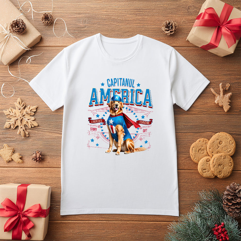 Tricou Femei, Barbati, Copii, Fata, Baiat, Unisex Personalizat Golden Retriever în Costum Captain America cu Pelerină - Cadou Personalizat pentru Copii și Iubitorii de Câini [4]