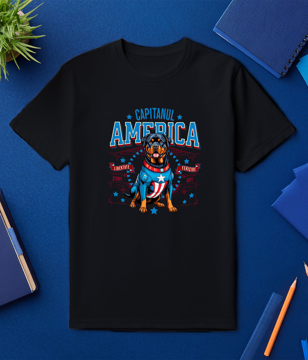 Tricou Femei, Barbati, Copii, Fata, Baiat, Unisex Personalizat Rottweiler în Costum Captain America cu Pelerină - Cadou Personalizat pentru Copii și Iubitorii de Câini [2]