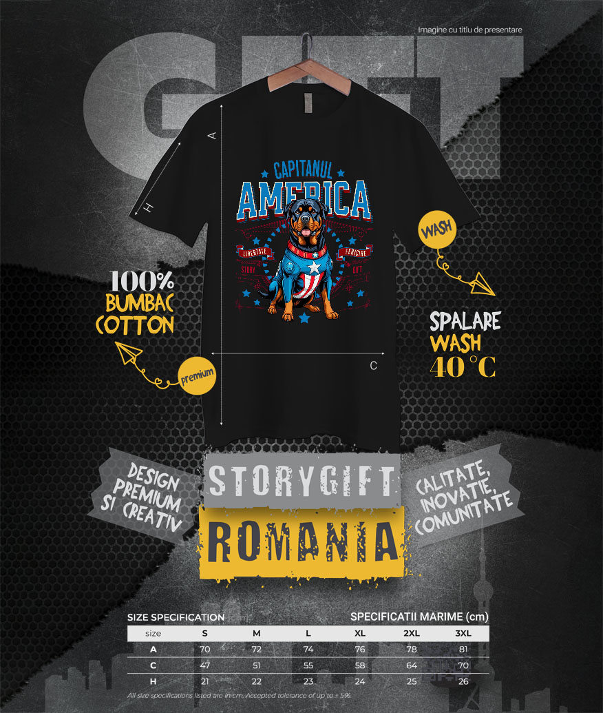 Tricou Femei, Barbati, Copii, Fata, Baiat, Unisex Personalizat Rottweiler în Costum Captain America cu Pelerină - Cadou Personalizat pentru Copii și Iubitorii de Câini [3]
