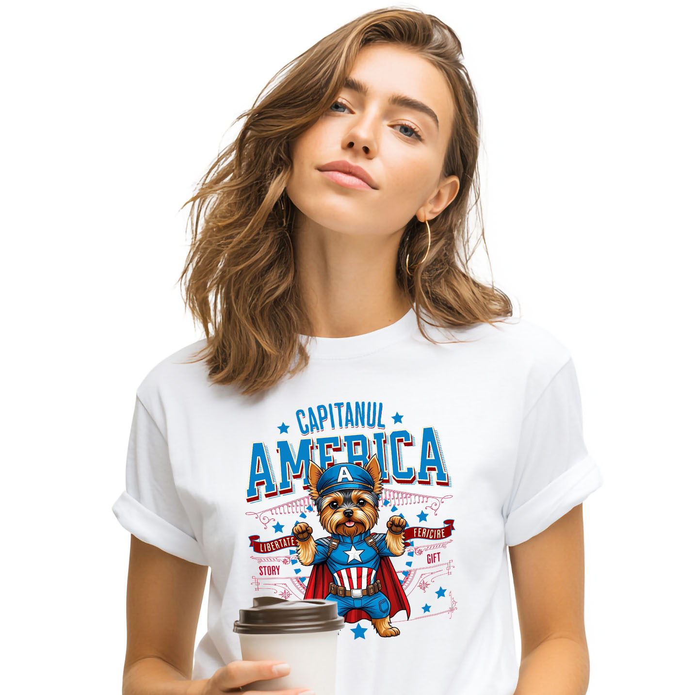 Tricou Femei, Barbati, Copii, Fata, Baiat, Unisex Personalizat Yorkshire Terrier în Costum Captain America cu Pelerină - Cadou Personalizat pentru Copii și Iubitorii de Câini