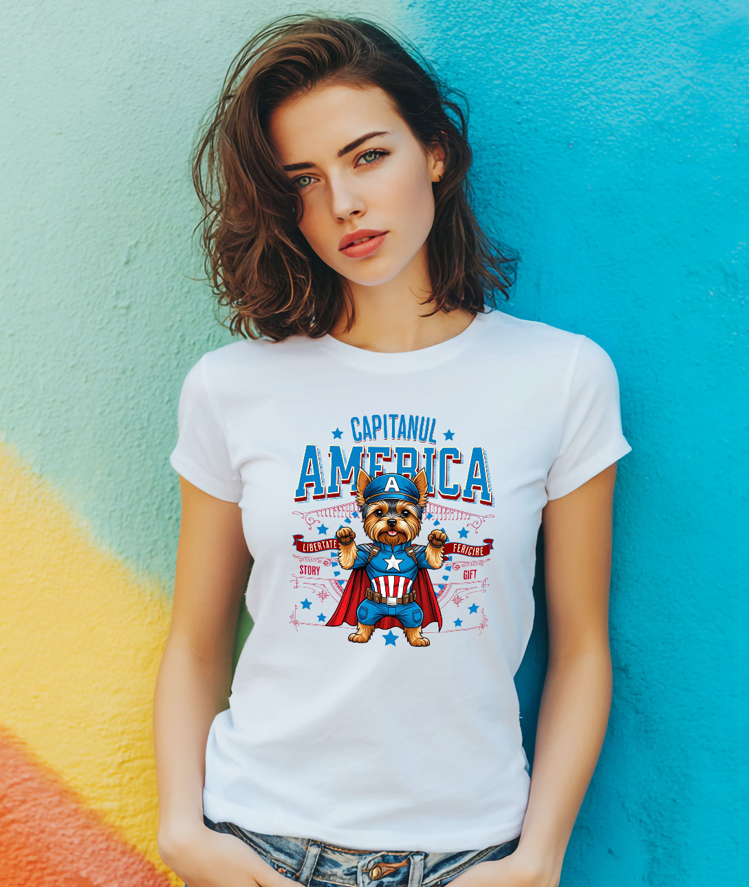 Tricou Femei, Barbati, Copii, Fata, Baiat, Unisex Personalizat Yorkshire Terrier în Costum Captain America cu Pelerină - Cadou Personalizat pentru Copii și Iubitorii de Câini [1]