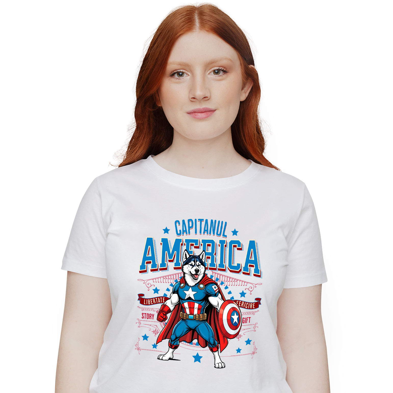 Tricou Femei, Barbati, Copii, Fata, Baiat, Unisex Personalizat Husky Siberian în Costum Captain America cu Pelerină - Cadou Personalizat pentru Copii și Iubitorii de Câini