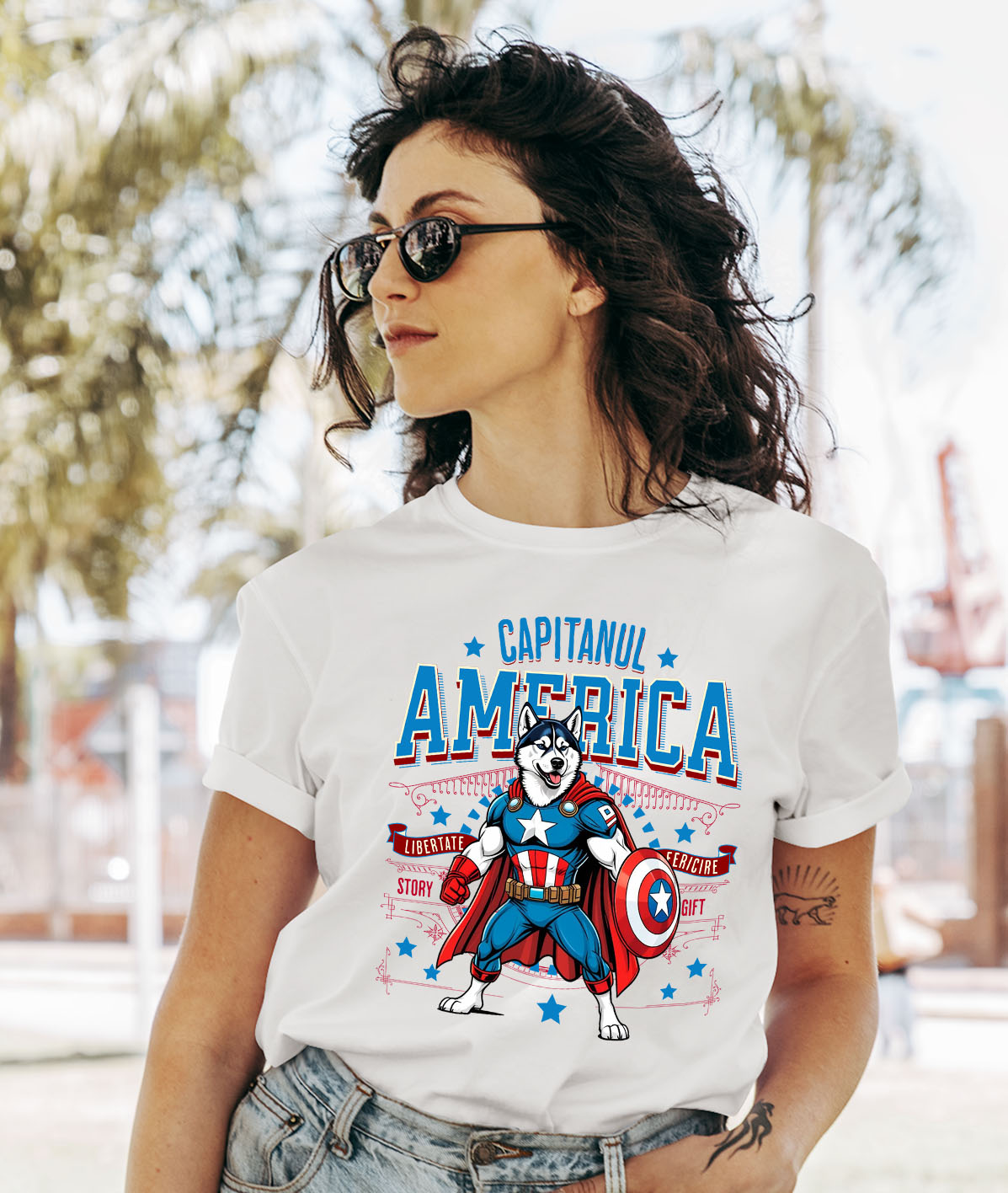 Tricou Femei, Barbati, Copii, Fata, Baiat, Unisex Personalizat Husky Siberian în Costum Captain America cu Pelerină - Cadou Personalizat pentru Copii și Iubitorii de Câini [1]