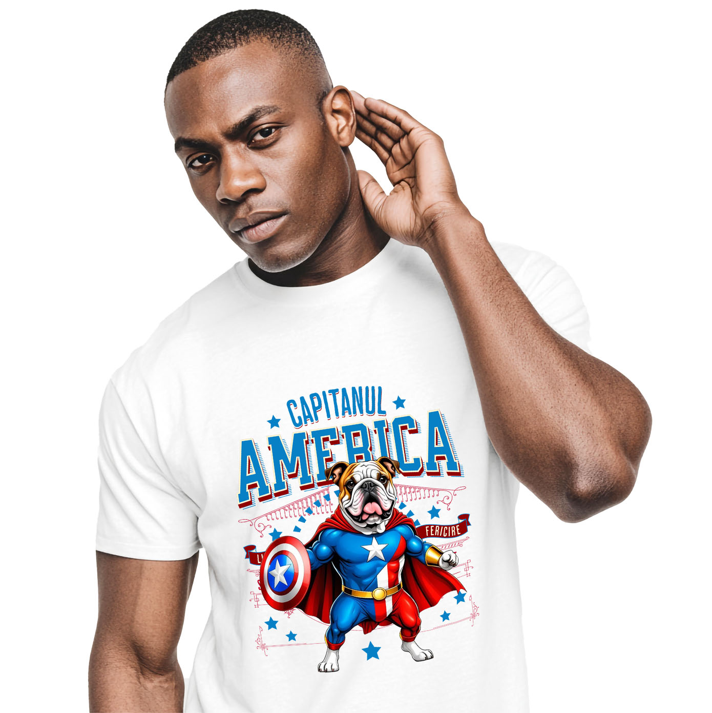 Tricou Femei, Barbati, Copii, Fata, Baiat, Unisex Personalizat Bulldog în Costum Captain America cu Pelerină - Cadou Personalizat pentru Copii și Iubitorii de Câini