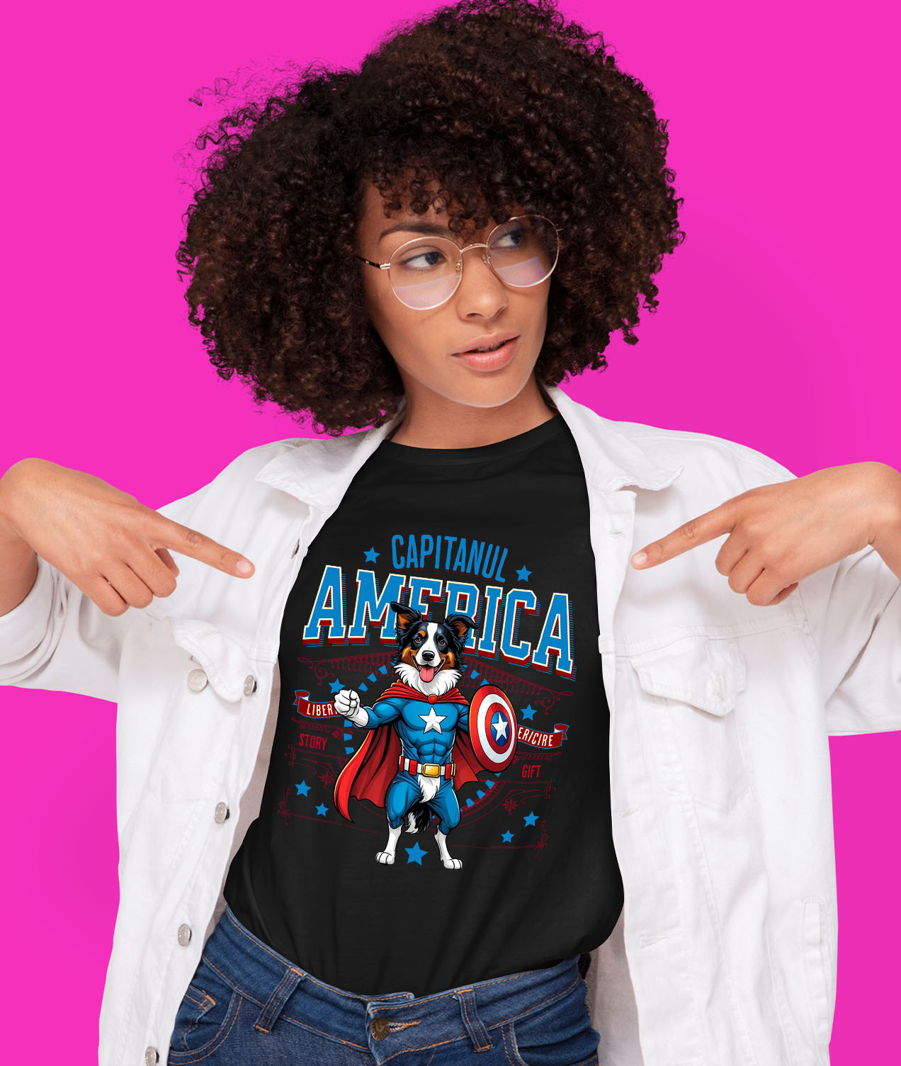 Tricou Femei, Barbati, Copii, Fata, Baiat, Unisex Personalizat Border Collie în Costum Captain America cu Pelerină - Cadou Personalizat pentru Copii și Iubitorii de Câini [1]