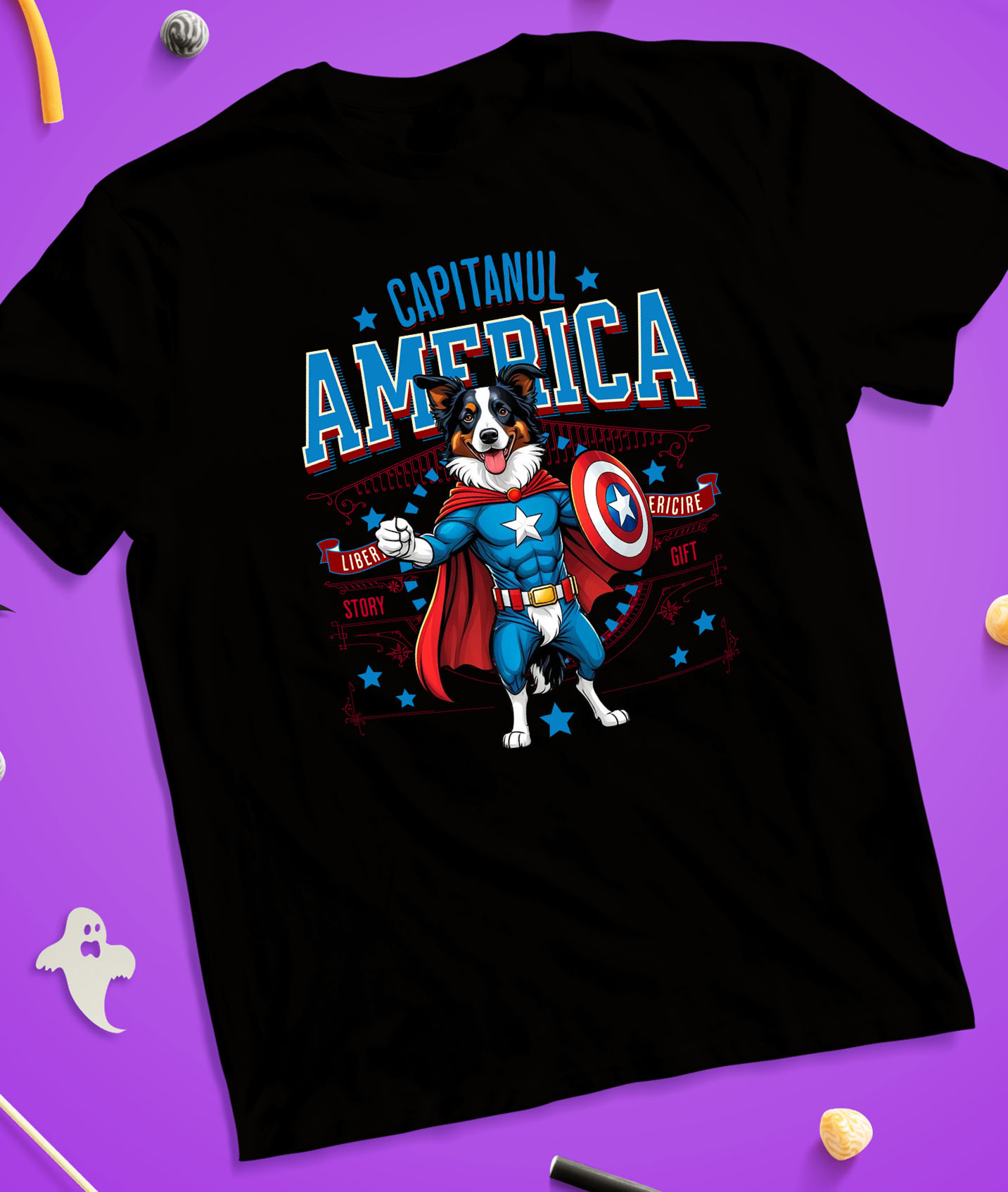 Tricou Femei, Barbati, Copii, Fata, Baiat, Unisex Personalizat Border Collie în Costum Captain America cu Pelerină - Cadou Personalizat pentru Copii și Iubitorii de Câini [2]