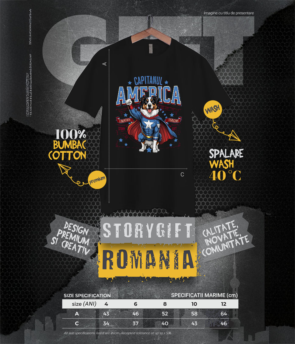 Tricou Femei, Barbati, Copii, Fata, Baiat, Unisex Personalizat Australian Shepherd în Costum de Captain America cu Pelerină - Cadou Personalizat pentru Copii și Iubitorii de Câini [5]