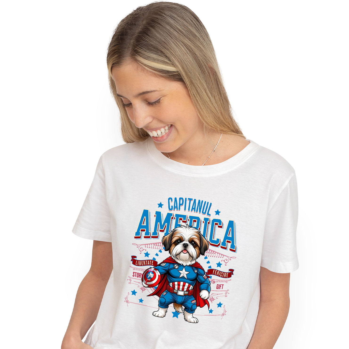 Tricou Femei, Barbati, Copii, Fata, Baiat, Unisex Personalizat Shih Tzu în Costum de Captain America cu Pelerină - Cadou Personalizat pentru Copii și Iubitorii de Câini