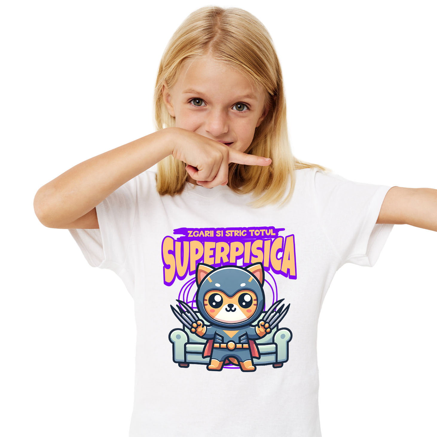 Tricou Femei, Barbati, Copii, Fata, Baiat, Unisex Personalizat Pisica Portocalie În Costum De Super Erou Cu Gheare Lungi – Cadou Personalizat „Zgârâi Și Stric Totul” Pentru Copii