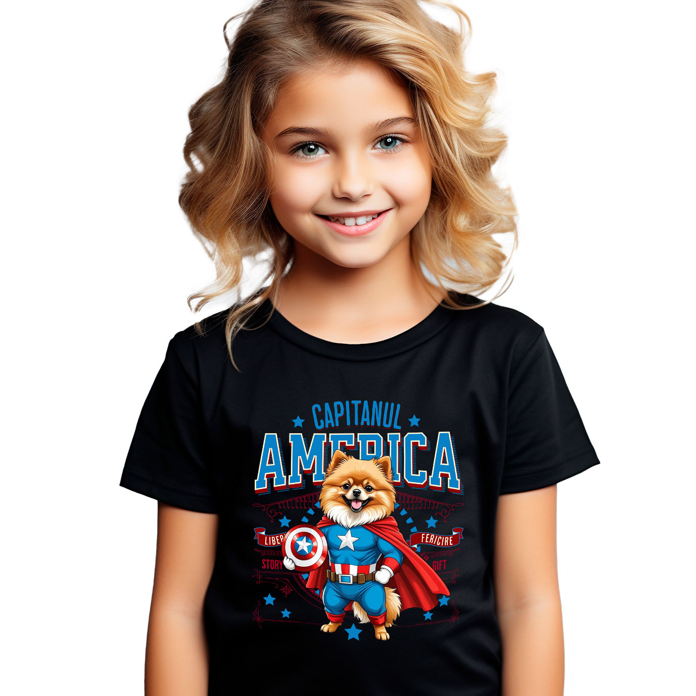 Tricou Femei, Barbati, Copii, Fata, Baiat, Unisex Personalizat Pomeranian în Costum de Captain America cu Pelerină - Cadou Personalizat pentru Copii și Iubitorii de Câini