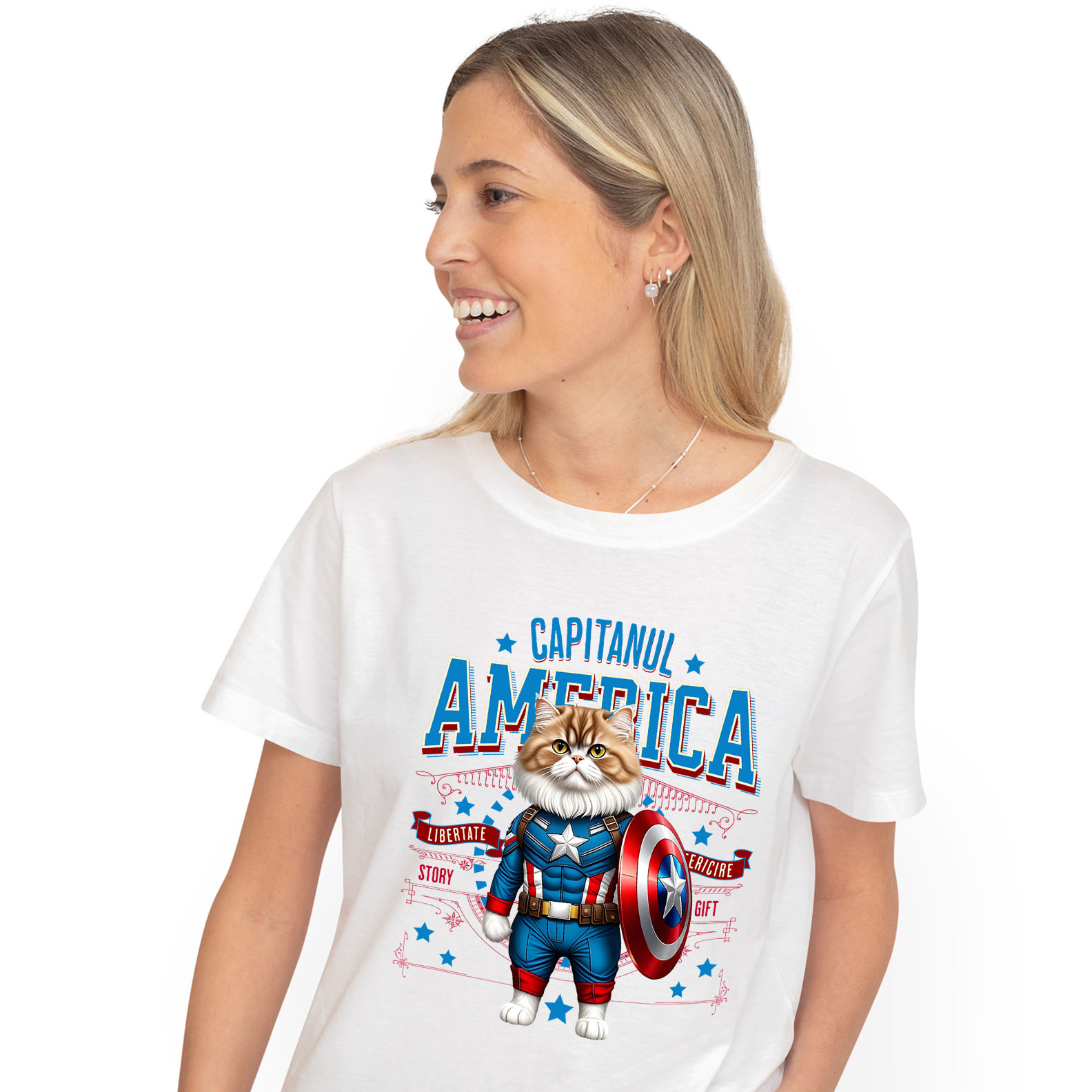 Tricou Femei, Barbati, Copii, Fata, Baiat, Unisex Personalizat Pisica Persan în Costum de Captain America cu Pelerină - Cadou Personalizat pentru Copii și Iubitorii de Pisici