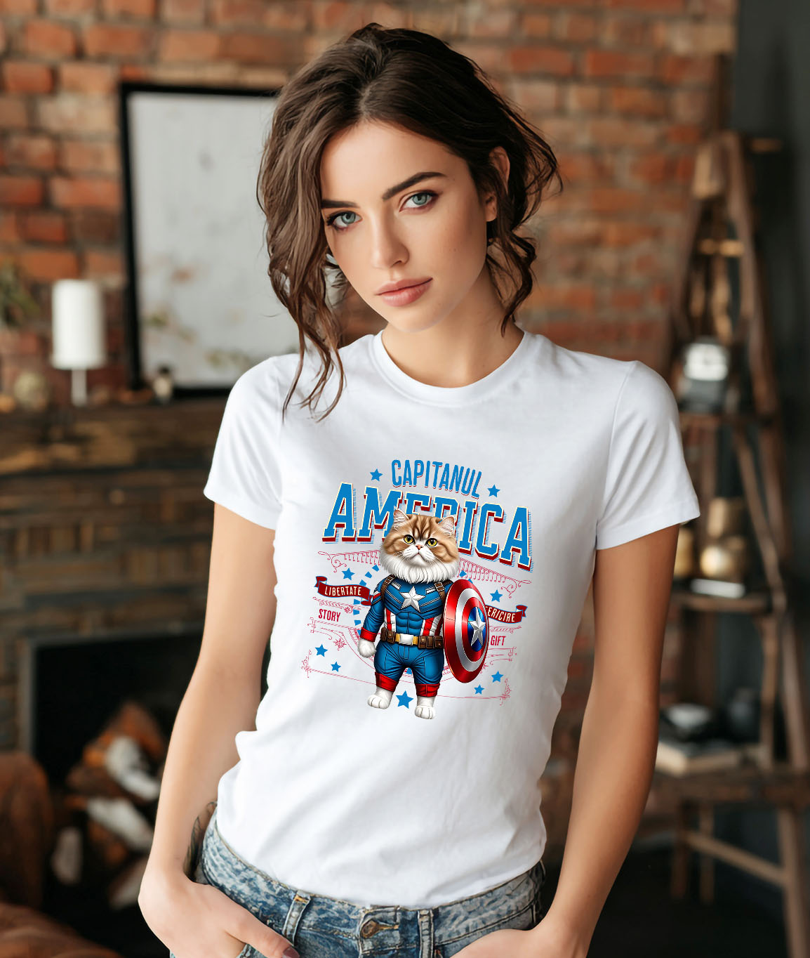 Tricou Femei, Barbati, Copii, Fata, Baiat, Unisex Personalizat Pisica Persan în Costum de Captain America cu Pelerină - Cadou Personalizat pentru Copii și Iubitorii de Pisici [1]