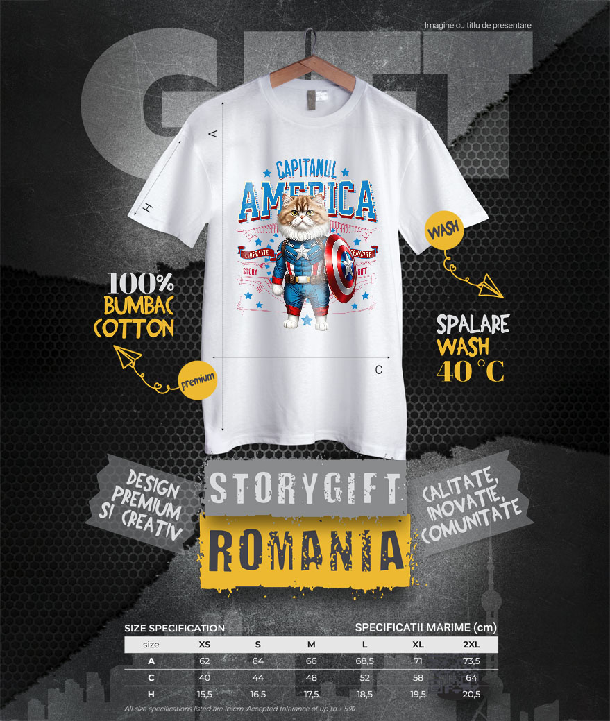 Tricou Femei, Barbati, Copii, Fata, Baiat, Unisex Personalizat Pisica Persan în Costum de Captain America cu Pelerină - Cadou Personalizat pentru Copii și Iubitorii de Pisici [3]