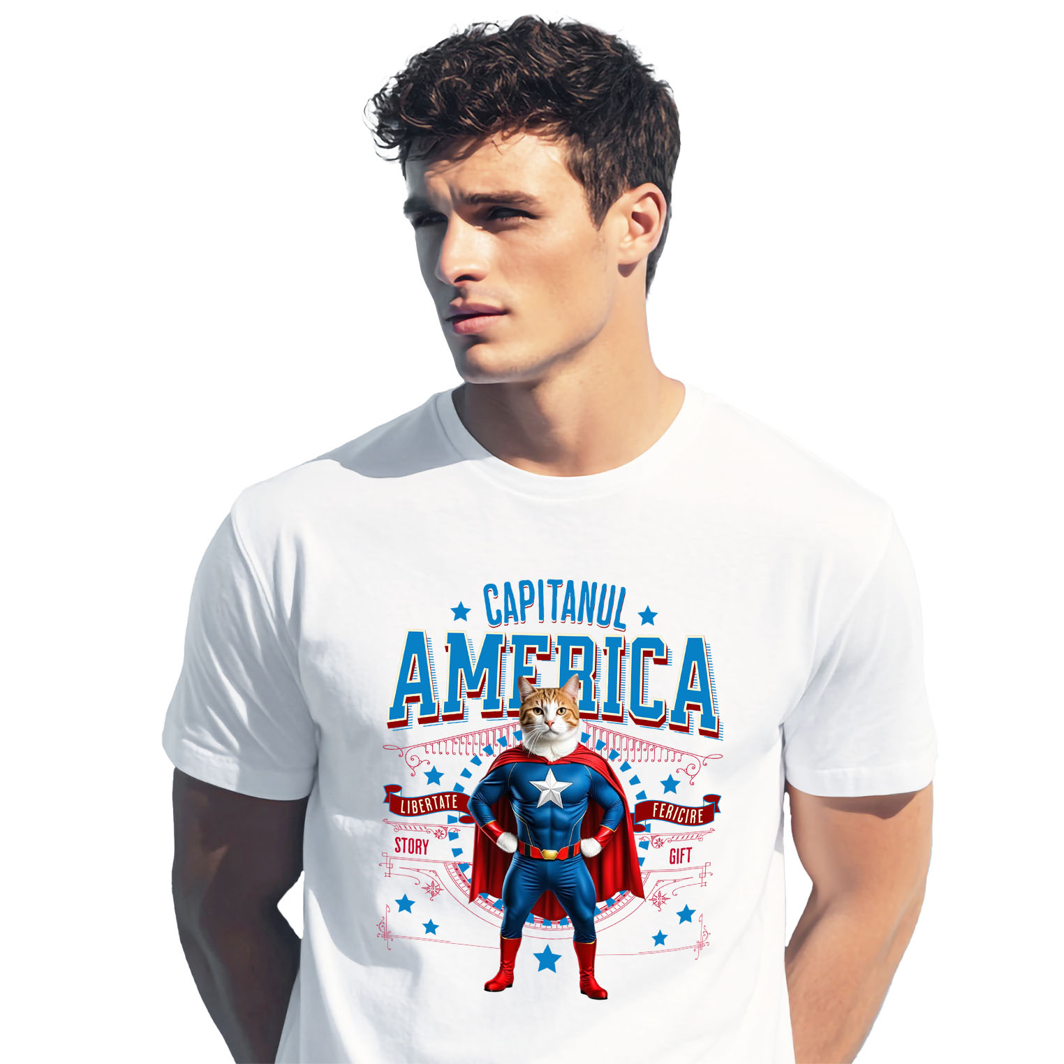 Tricou Femei, Barbati, Copii, Fata, Baiat, Unisex Personalizat Pisica Siameză în Costum de Captain America cu Pelerină - Cadou Personalizat pentru Copii și Iubitorii de Pisici