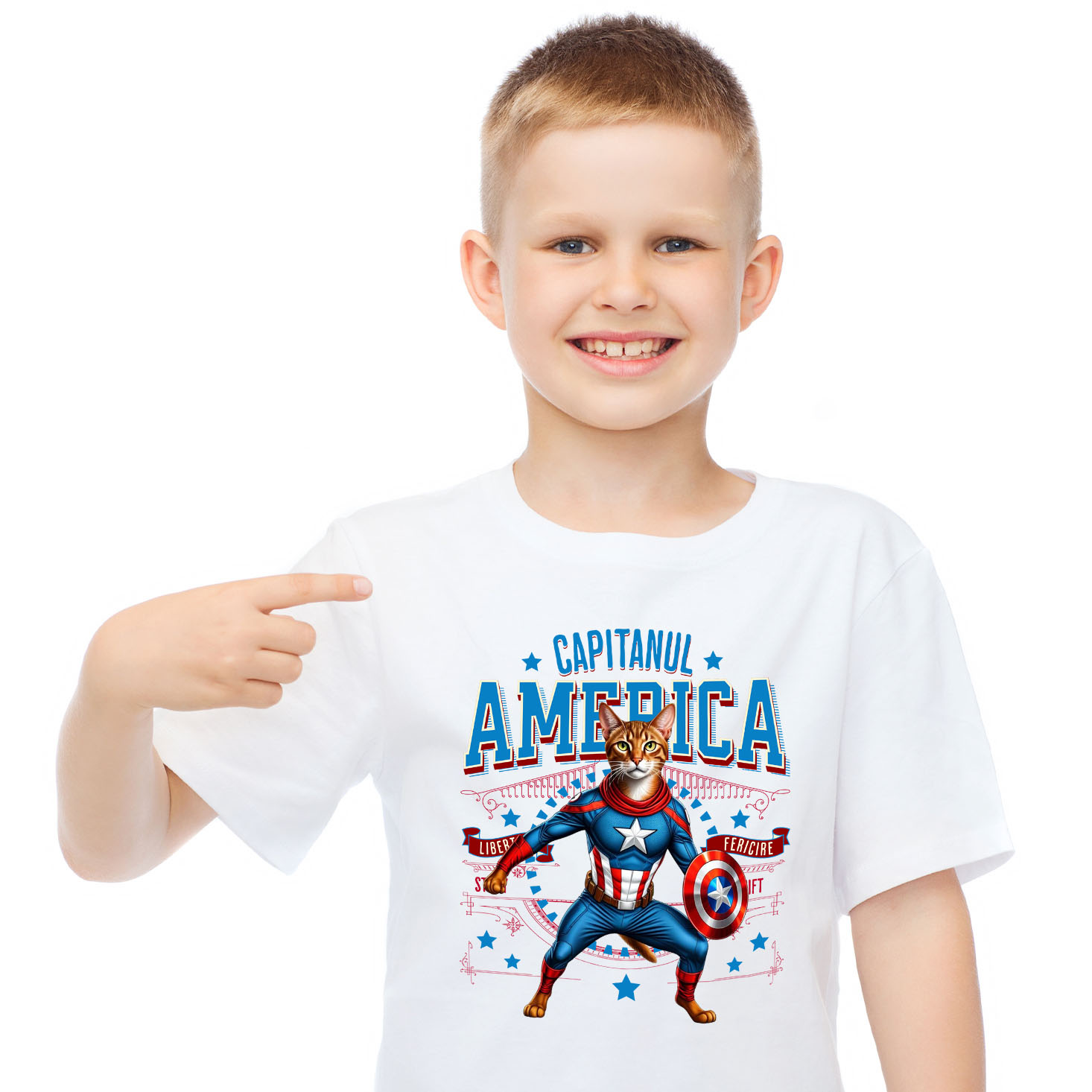 Tricou Femei, Barbati, Copii, Fata, Baiat, Unisex Personalizat Pisica Abisiniană în Costum de Captain America cu Pelerină - Cadou Personalizat pentru Copii și Iubitorii de Pisici [1]