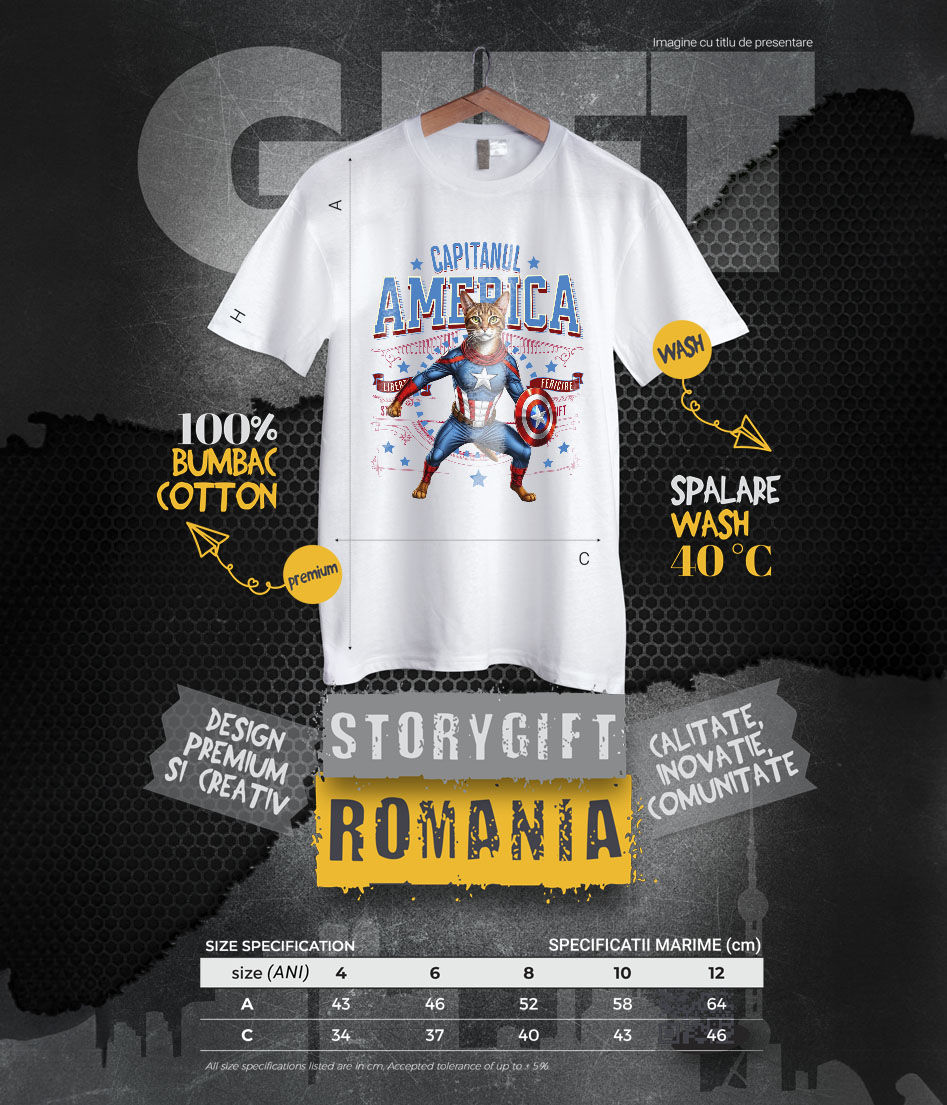 Tricou Femei, Barbati, Copii, Fata, Baiat, Unisex Personalizat Pisica Abisiniană în Costum de Captain America cu Pelerină - Cadou Personalizat pentru Copii și Iubitorii de Pisici [5]