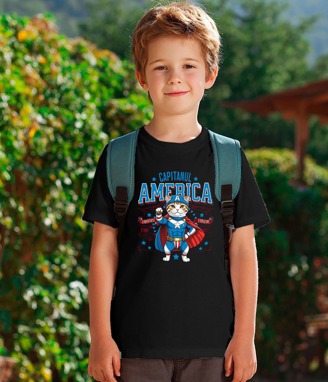 Tricou Femei, Barbati, Copii, Fata, Baiat, Unisex Personalizat Pisica Scottish Fold în Costum de Captain America cu Pelerină - Cadou Personalizat pentru Copii și Iubitorii de Pisici [3]