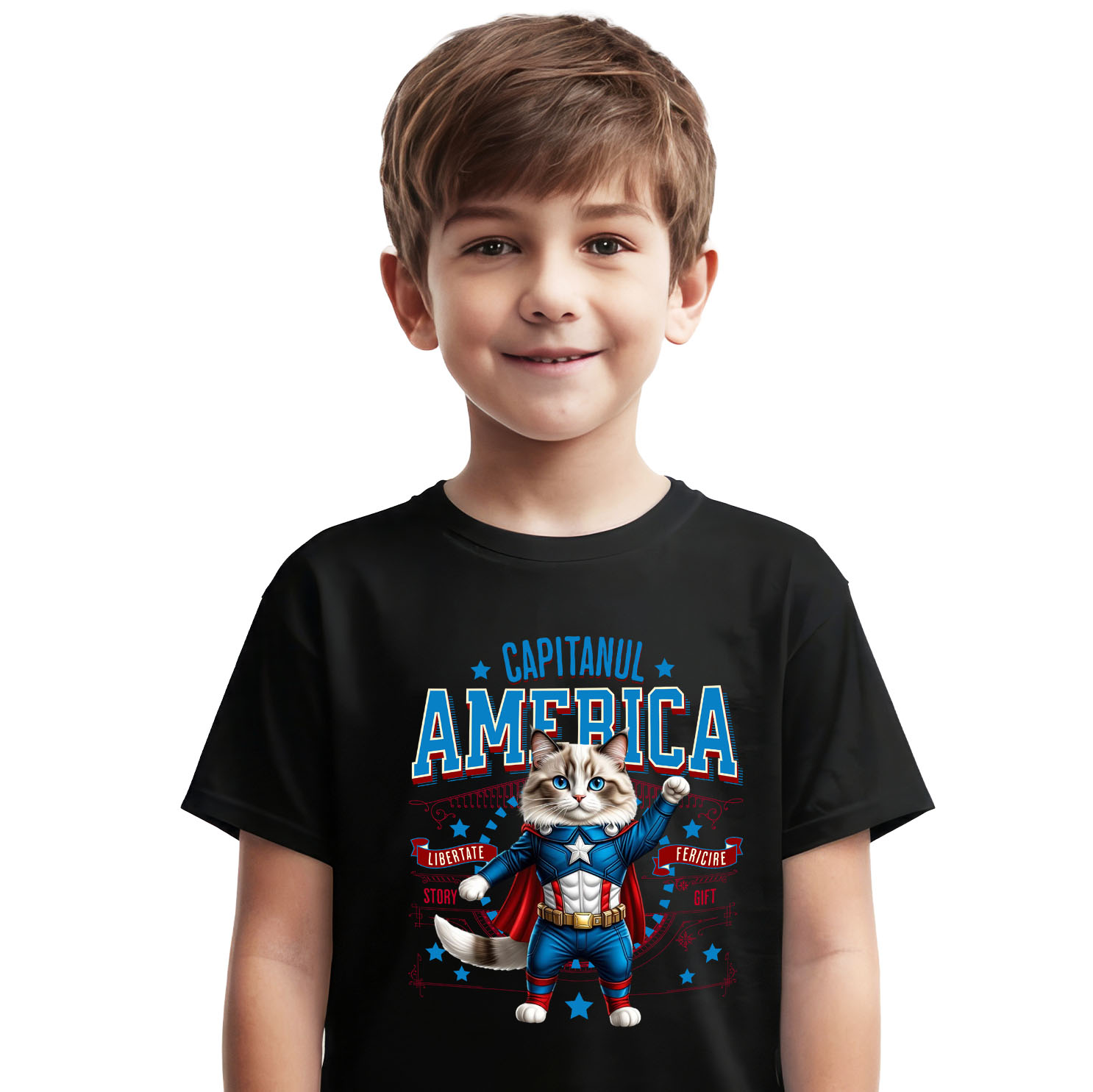 Tricou Femei, Barbati, Copii, Fata, Baiat, Unisex Personalizat Pisica Ragdoll în Costum de Captain America cu Pelerină - Cadou Personalizat pentru Copii și Iubitorii de Pisici
