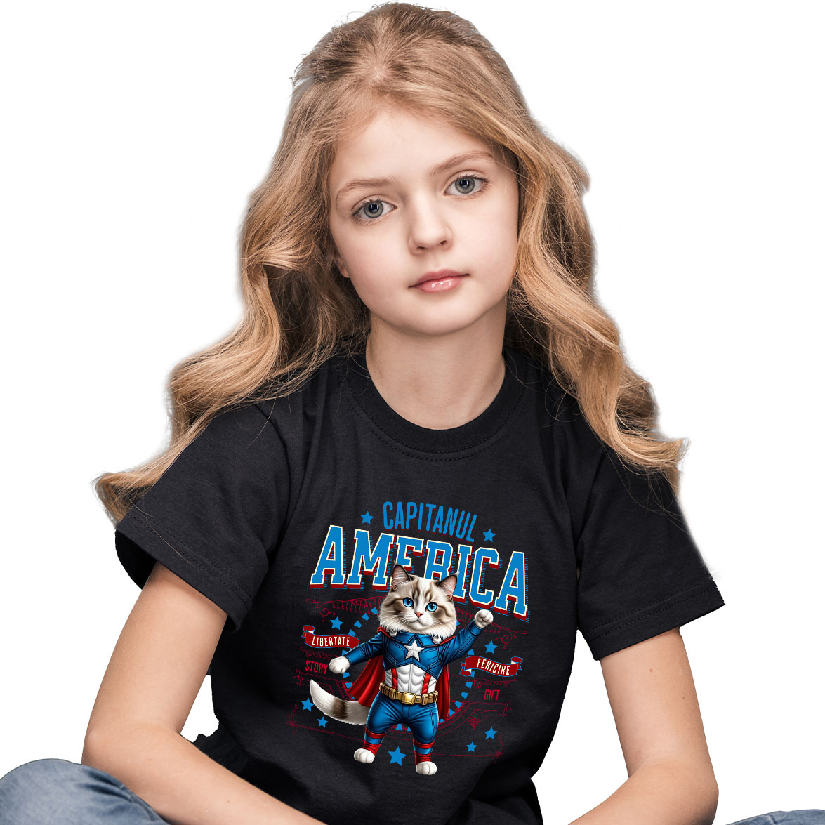 Tricou Femei, Barbati, Copii, Fata, Baiat, Unisex Personalizat Pisica Ragdoll în Costum de Captain America cu Pelerină - Cadou Personalizat pentru Copii și Iubitorii de Pisici [1]
