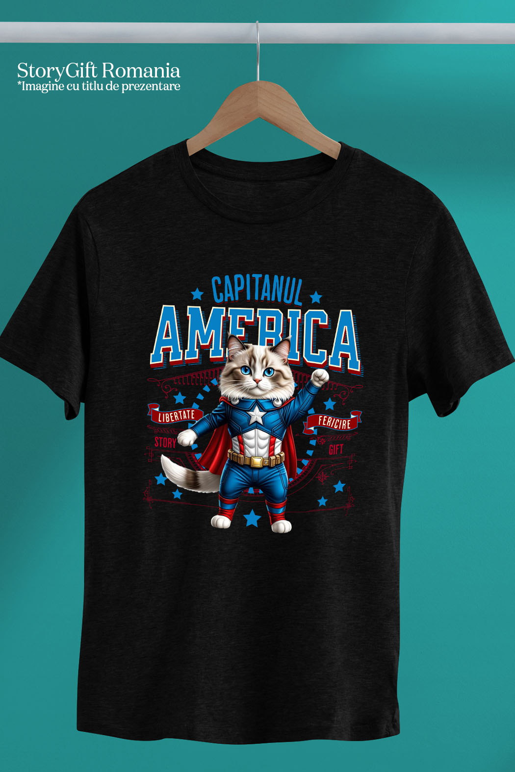 Tricou Femei, Barbati, Copii, Fata, Baiat, Unisex Personalizat Pisica Ragdoll în Costum de Captain America cu Pelerină - Cadou Personalizat pentru Copii și Iubitorii de Pisici [4]