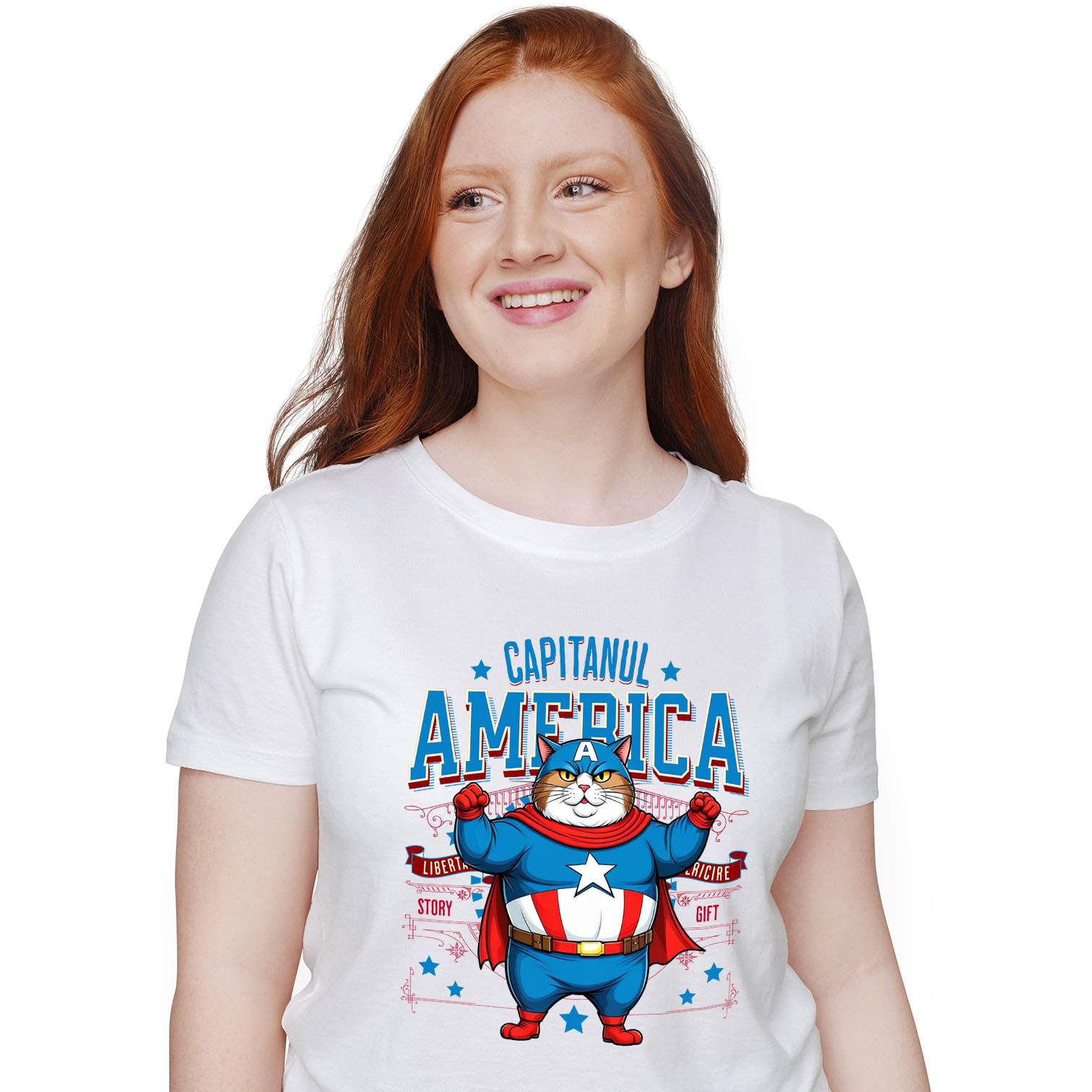 Tricou Femei, Barbati, Copii, Fata, Baiat, Unisex Personalizat Pisica Amuzantă și Pufosă în Costum de Captain America cu Pelerină - Cadou Personalizat pentru Copii și Iubitorii de Pisici