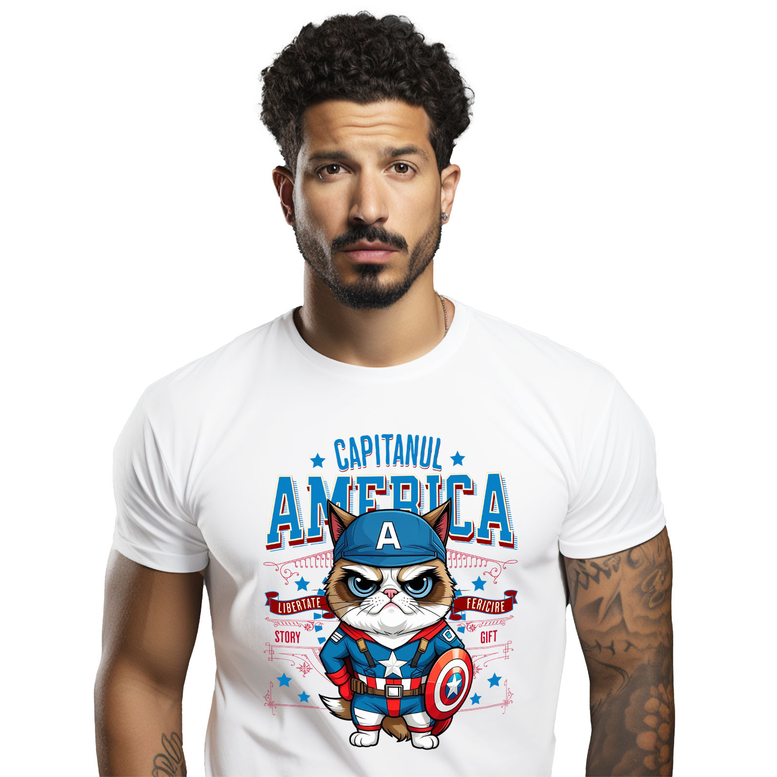 Tricou Femei, Barbati, Copii, Fata, Baiat, Unisex Personalizat Pisica Morocănoasă / Grumpy Cat în Costum de Captain America cu Pelerină - Cadou Personalizat pentru Copii și Iubitorii de Pisici