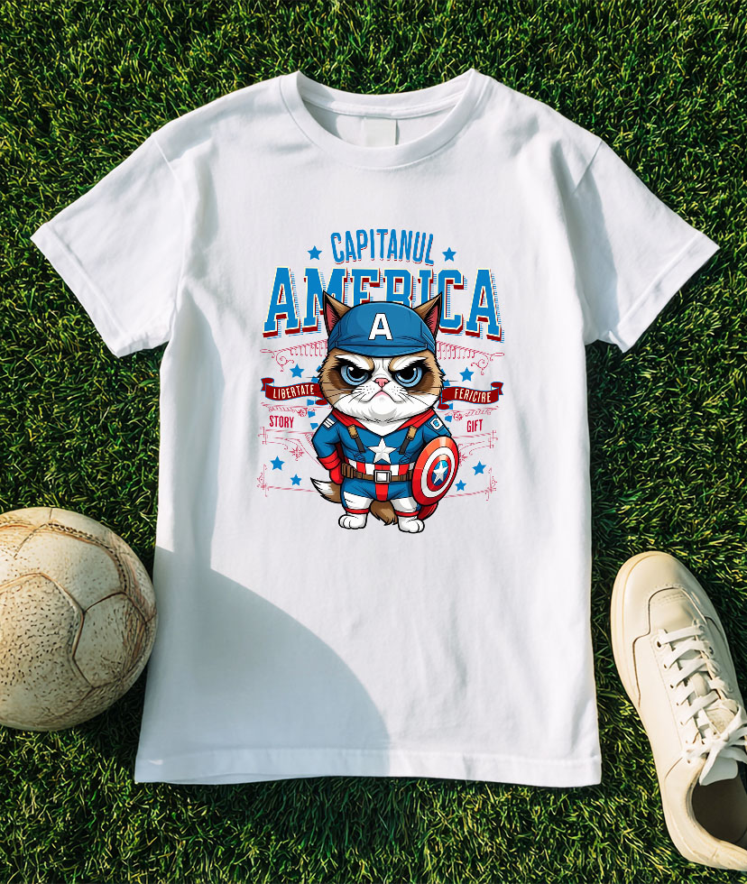 Tricou Femei, Barbati, Copii, Fata, Baiat, Unisex Personalizat Pisica Morocănoasă / Grumpy Cat în Costum de Captain America cu Pelerină - Cadou Personalizat pentru Copii și Iubitorii de Pisici [2]