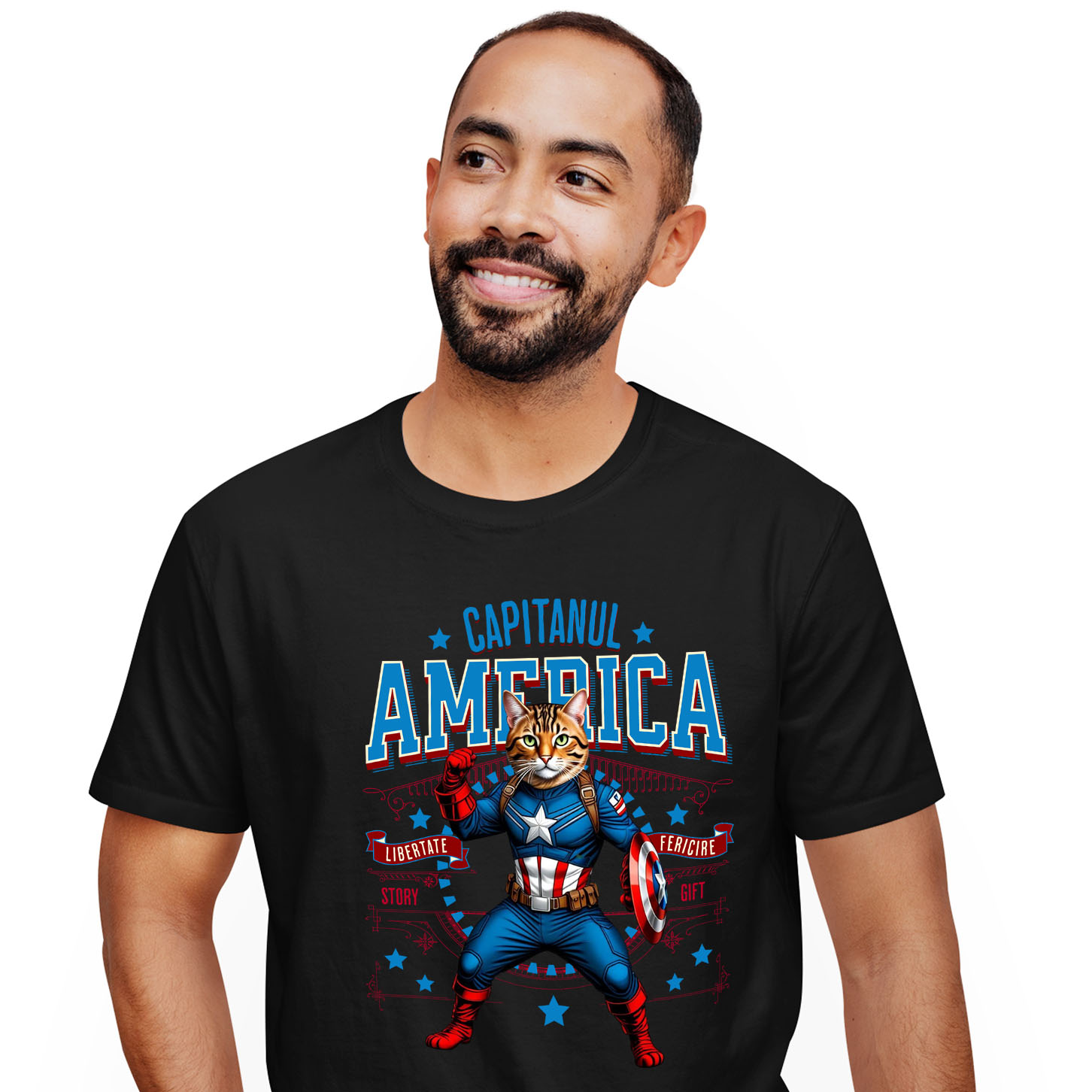 Tricou Femei, Barbati, Copii, Fata, Baiat, Unisex Personalizat Pisica Bengal în Costum de Captain America cu Pelerină - Cadou Personalizat pentru Copii și Iubitorii de Pisici