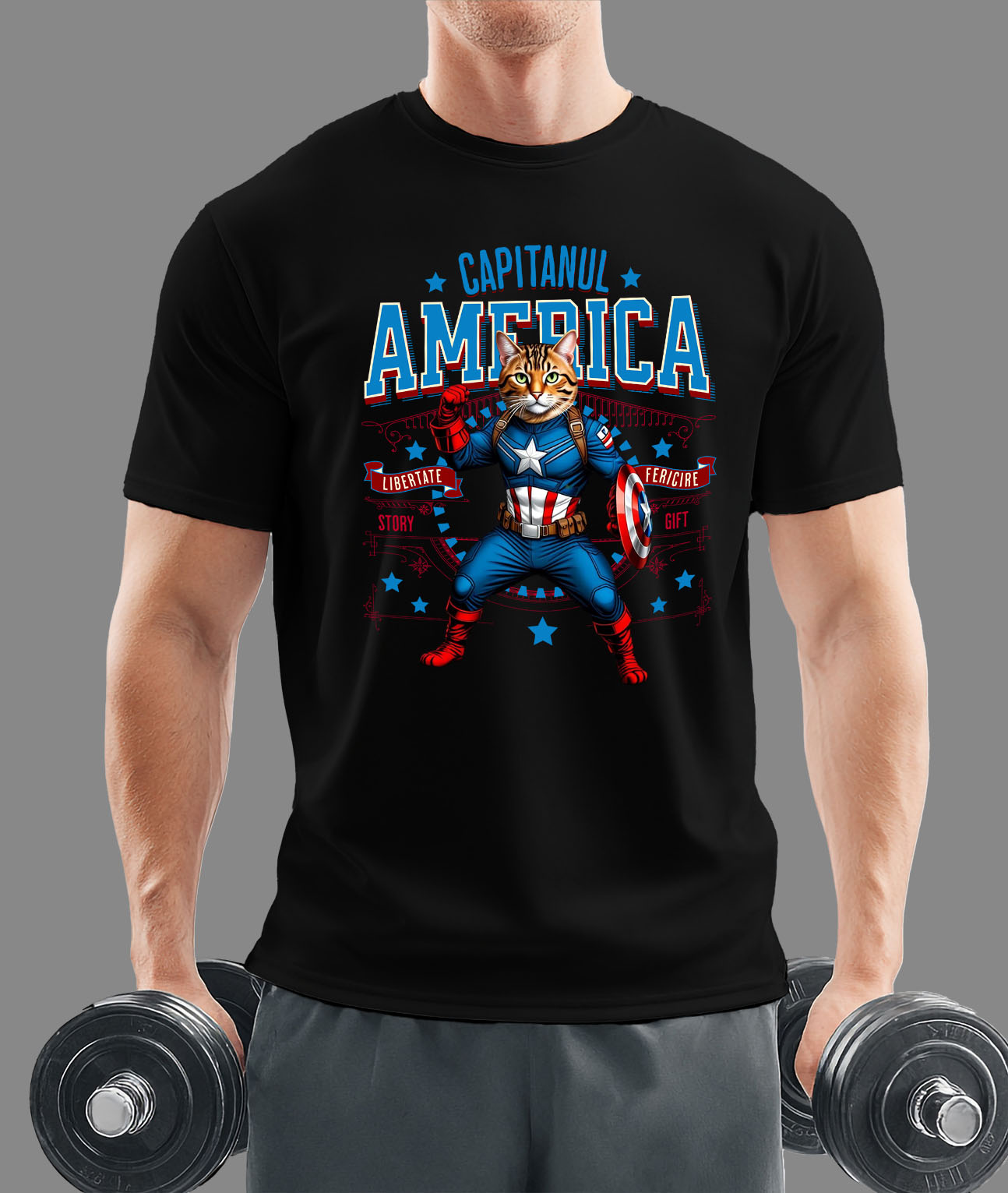 Tricou Femei, Barbati, Copii, Fata, Baiat, Unisex Personalizat Pisica Bengal în Costum de Captain America cu Pelerină - Cadou Personalizat pentru Copii și Iubitorii de Pisici [1]