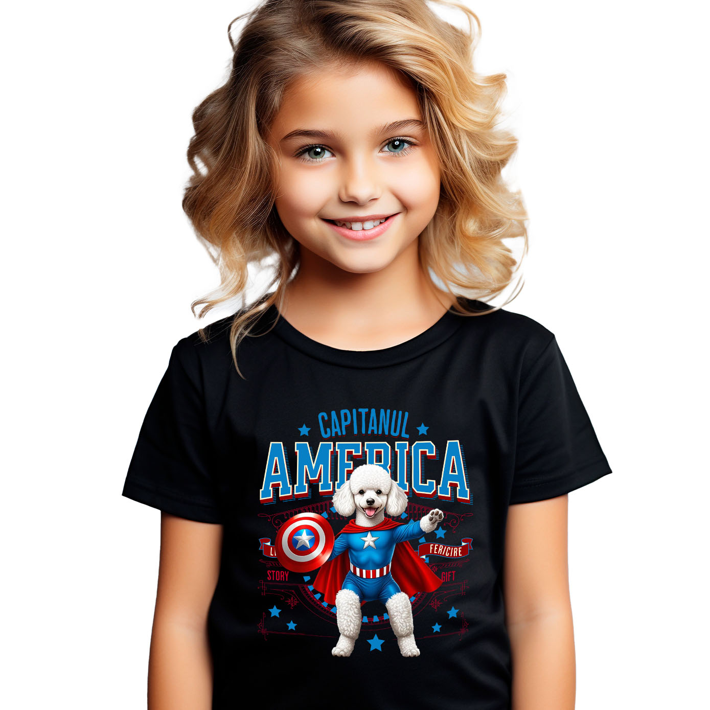 Tricou Femei, Barbati, Copii, Fata, Baiat, Unisex Personalizat Pisica Pudel în Costum de Captain America cu Pelerină - Cadou Personalizat pentru Copii și Iubitorii de Pisici