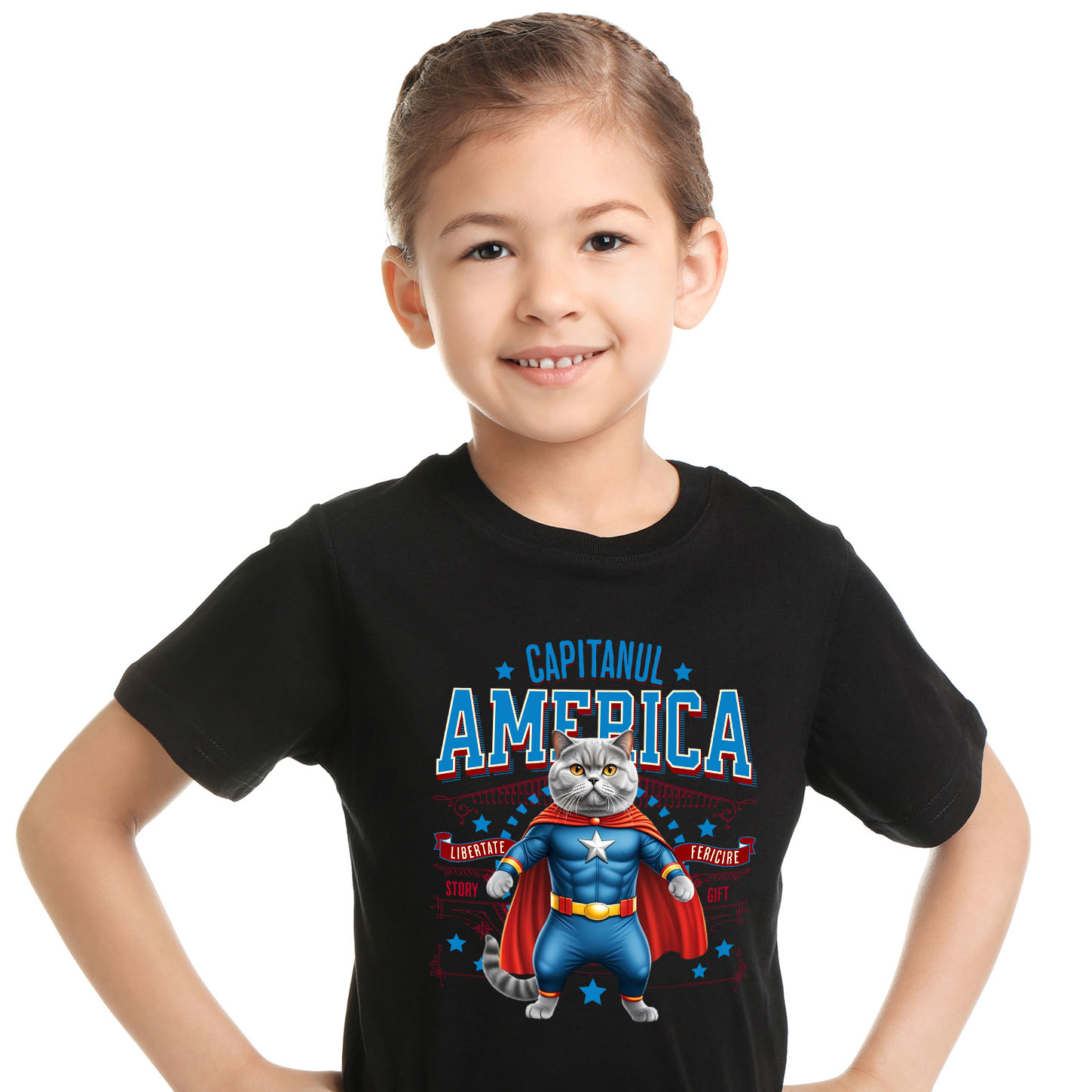 Tricou Femei, Barbati, Copii, Fata, Baiat, Unisex Personalizat Pisica Siameză în Costum de Captain America cu Pelerină - Cadou Personalizat pentru Copii și Iubitorii de Pisici