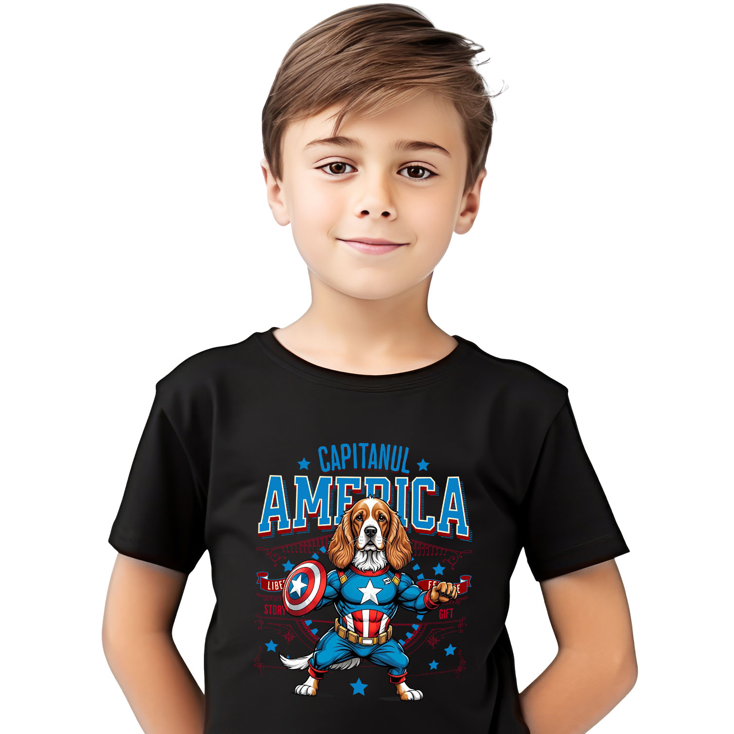 Tricou Femei, Barbati, Copii, Fata, Baiat, Unisex Personalizat Cocker Spaniel în Costum de Captain America - Cadouri Personalizate pentru Iubitorii de Animale