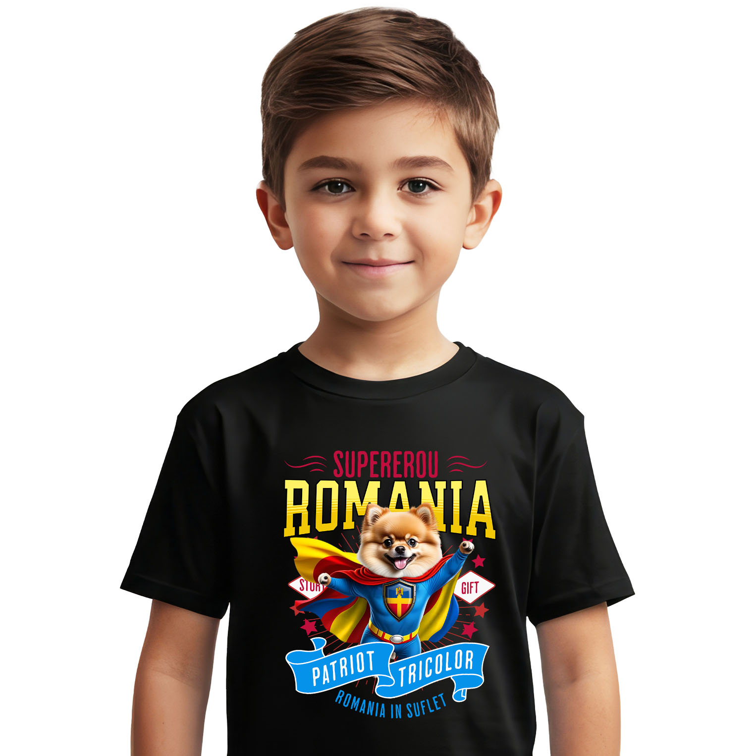 Tricou Femei, Barbati, Copii, Fata, Baiat, Unisex Personalizat Pomeranian În Costum de Căpitan România - Cadouri Personalizate pentru Iubitorii de Animale