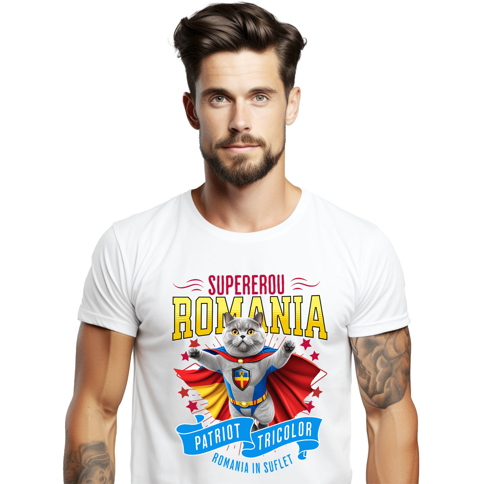 Tricou Femei, Barbati, Copii, Fata, Baiat, Unisex Personalizat British Shorthair Pisică În Costum de Căpitan România - Cadouri Personalizate pentru Familie și Prieteni