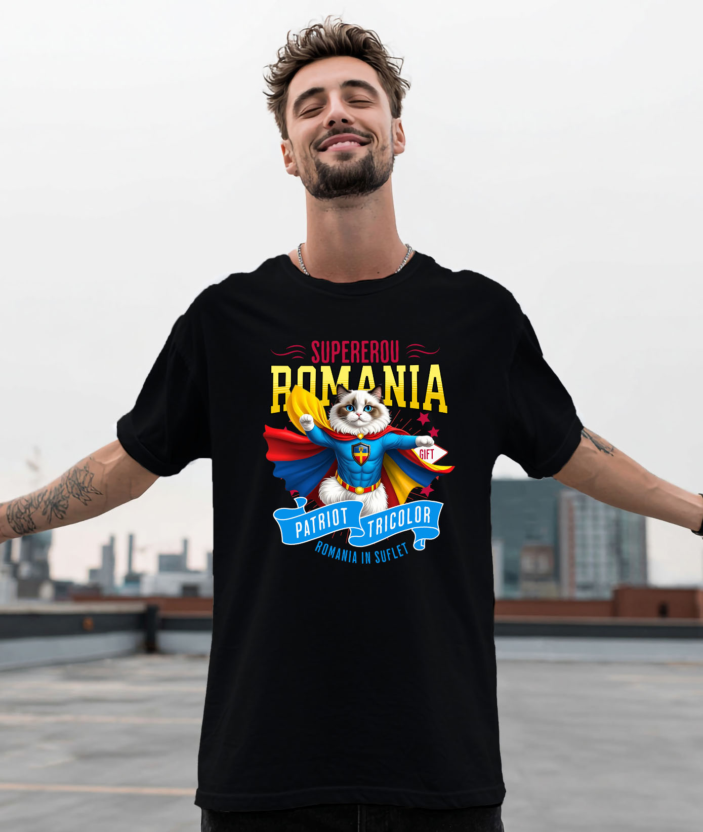 Tricou Femei, Barbati, Copii, Fata, Baiat, Unisex Personalizat Pisica Ragdoll în Costum de Căpitan România – Supererou pentru Copii și Iubitorii de Animale [1]