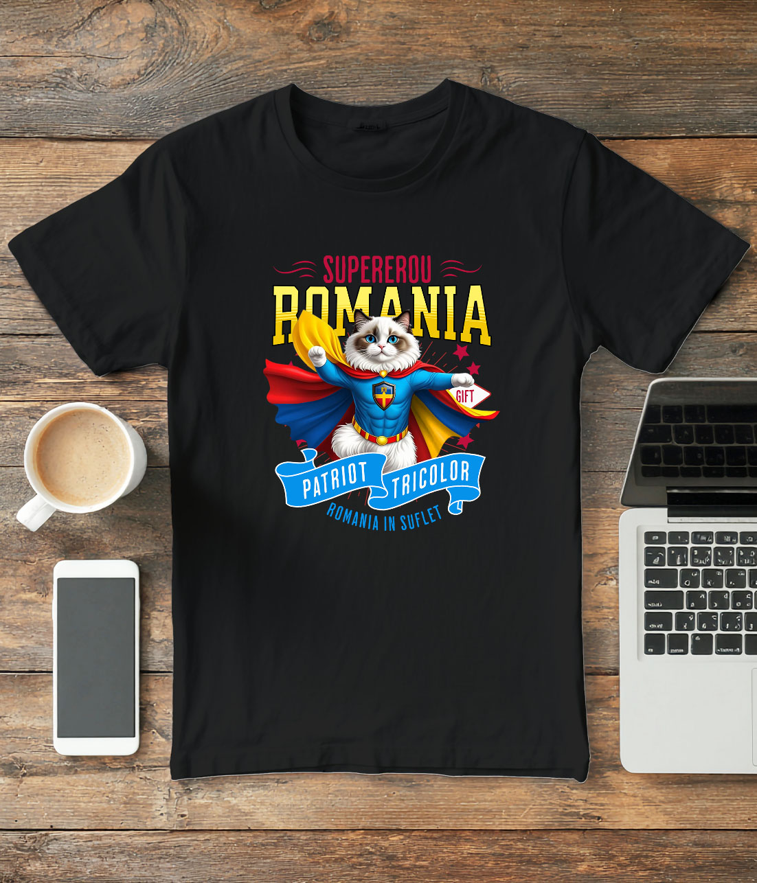 Tricou Femei, Barbati, Copii, Fata, Baiat, Unisex Personalizat Pisica Ragdoll în Costum de Căpitan România – Supererou pentru Copii și Iubitorii de Animale [2]