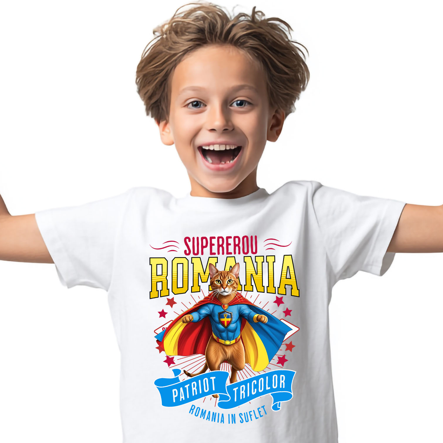 Tricou Femei, Barbati, Copii, Fata, Baiat, Unisex Personalizat Pisica Abisiniană în Costum de Căpitan România – Supererou pentru Copii și Iubitorii de Animale