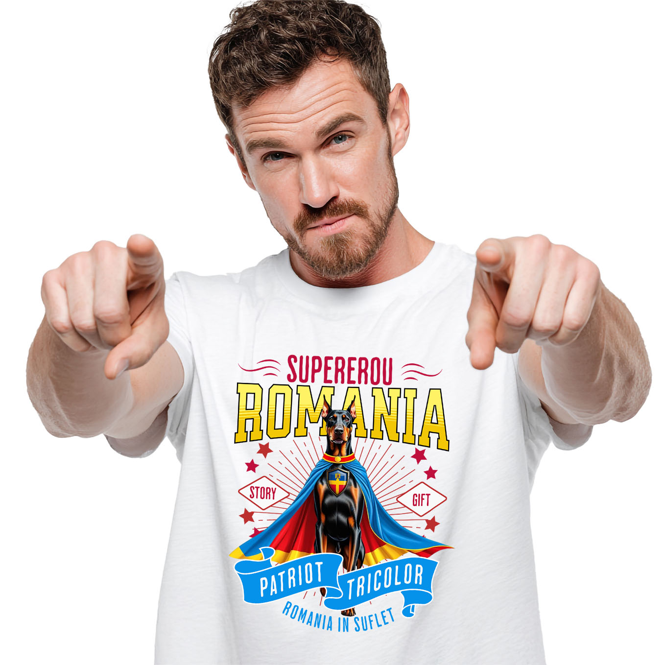 Tricou Femei, Barbati, Copii, Fata, Baiat, Unisex Personalizat Doberman Pinscher în Costum de Căpitan România – Cadou Personalizat pentru Iubitorii de Câini