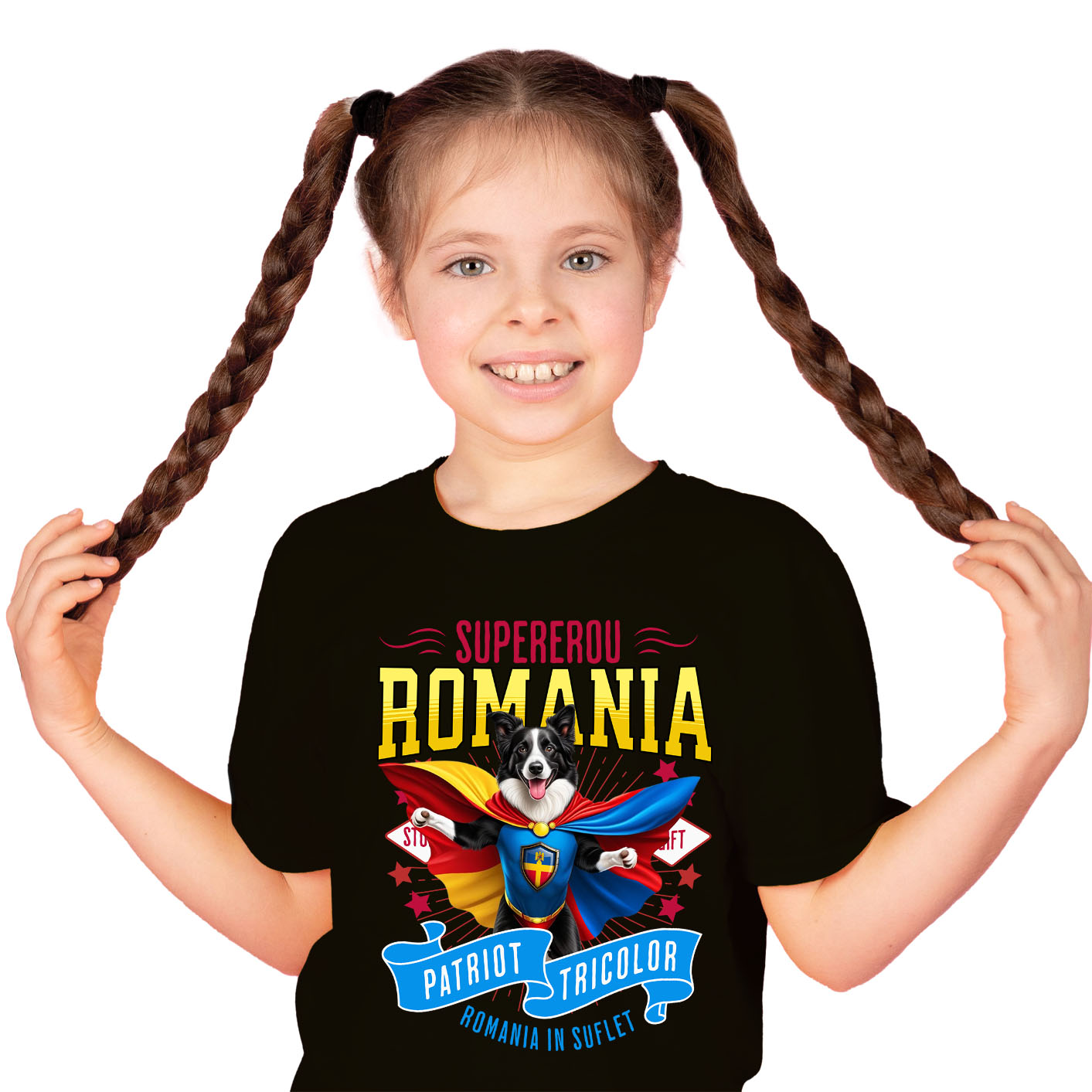 Tricou Femei, Barbati, Copii, Fata, Baiat, Unisex Personalizat Border Collie în Costum de Căpitan România – Cadou Personalizat pentru Iubitorii de Câini